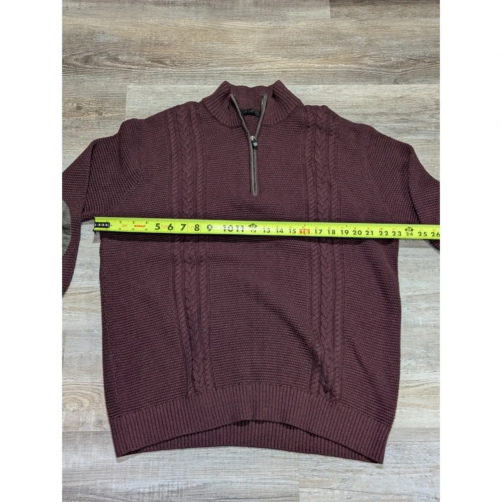 Raffi Burgundy Cable Knit Quarter Zip Sweater Mens Size XL Suede Elbow Patches - Picture 12 of 13